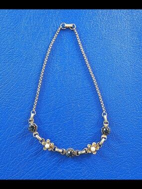 Antique Victorian Gold-Filled Flower Necklace Sapphire Blue Paste Pearl Rolo Cha